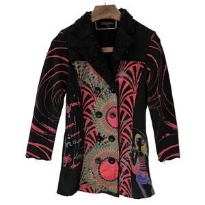 Adore Womens Graffiti Artsy Geometric Tattoo Y2K Sherpa Collar Faux Suede Coat M